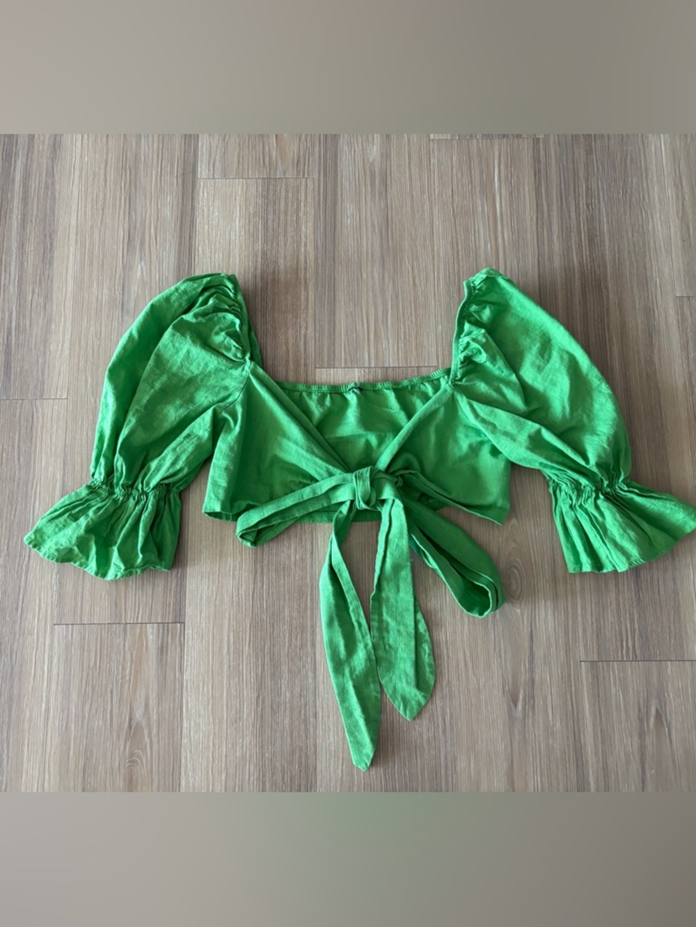 90s VTG Crop Top Green Puff Sleeve Tie Front Cotton Womens 4 Coquette Romantic